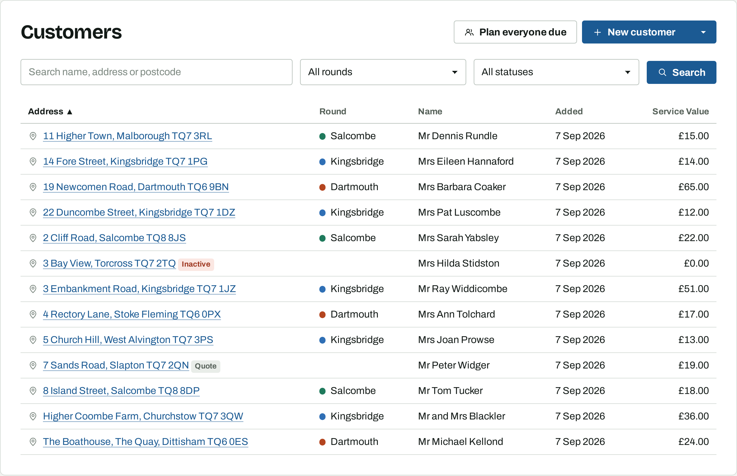 The customer list with All statuses selected, showing one customer badged Inactive and another badged Quote alongside the active ones.