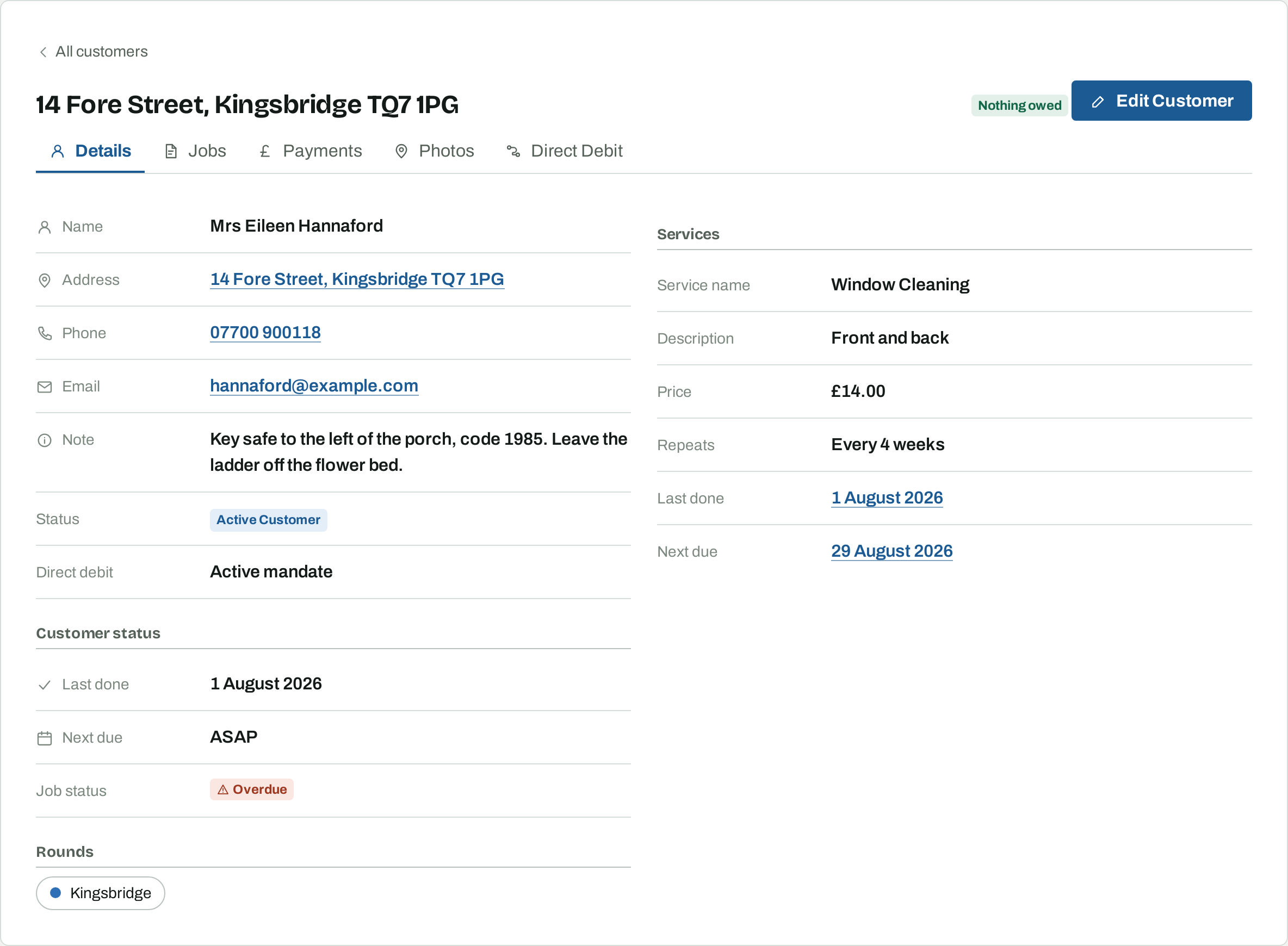 A customer's Details tab showing a note about a key safe code and where to leave the ladder.