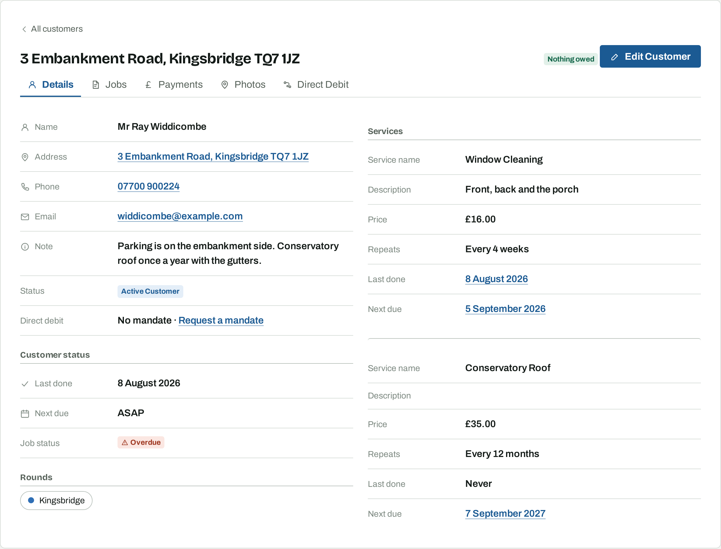 A customer's Details tab, with last done, next due, job status and rounds on the left, and each service with its price, interval, last done and next due on the right.