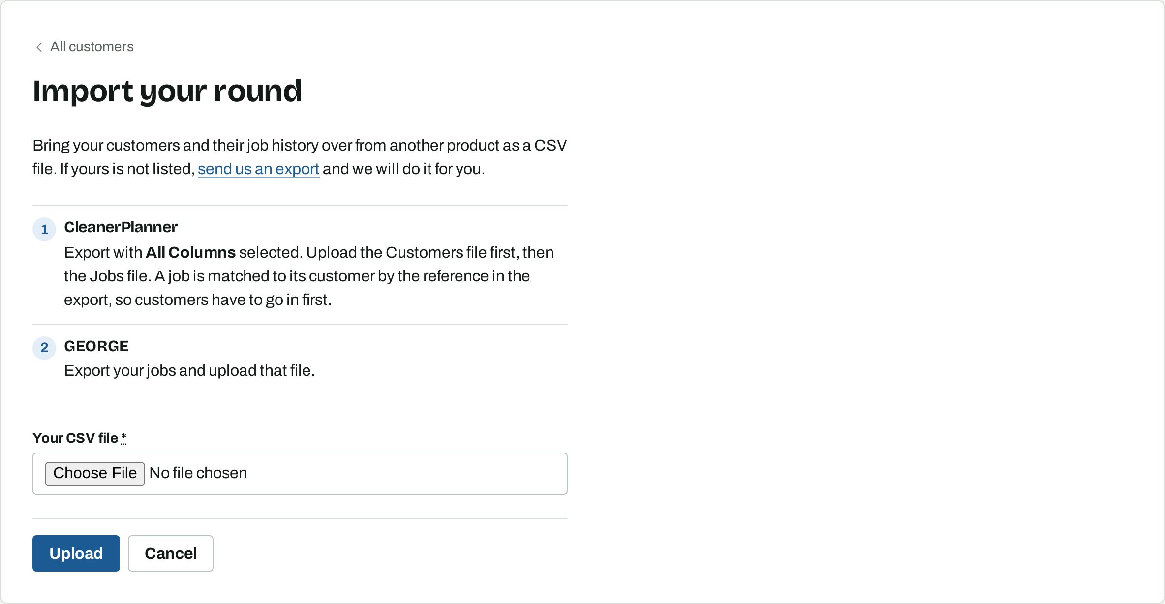The Import your round page, with instructions for CleanerPlanner and GEORGE exports and a file upload.