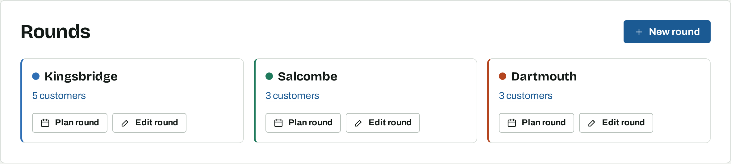 The Rounds page with three rounds named after towns, each with a colour, a customer count and buttons to plan or edit the round.