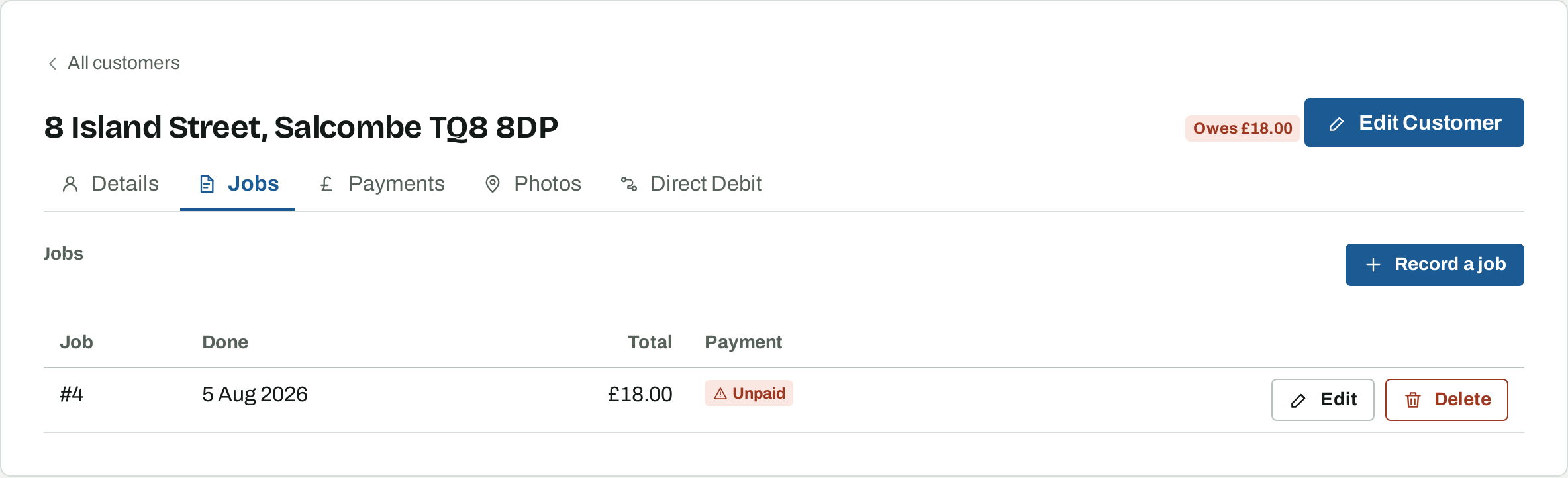 A customer's Jobs tab listing one job with its number, the date it was done, the total and its payment status.