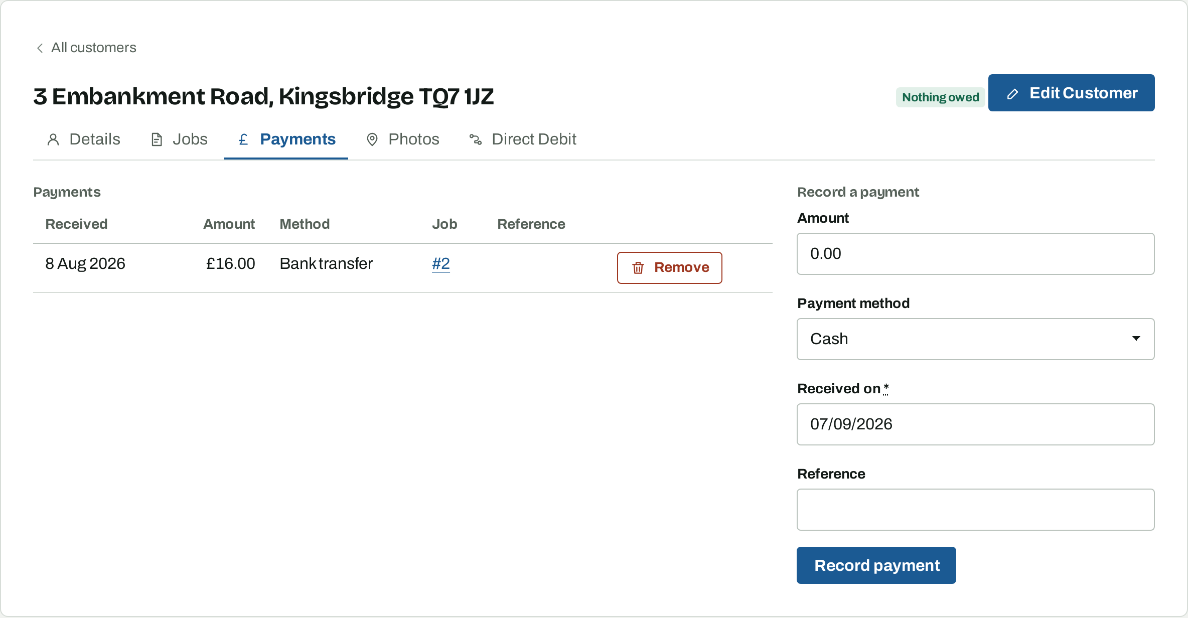 A customer's Payments tab: the payments already received on the left with the job each one settled, and the record a payment form on the right.