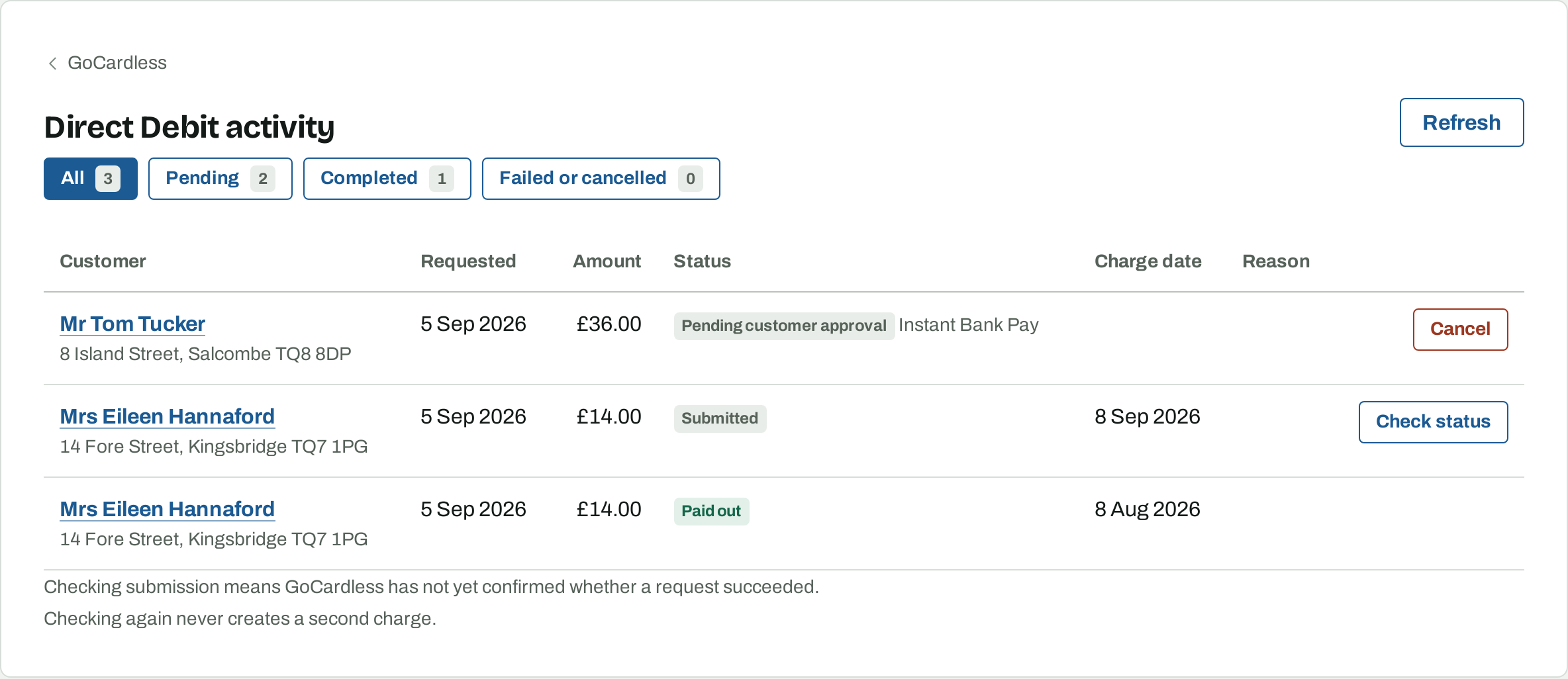 The Direct Debit activity page listing collections with status badges and the reason for a failure.