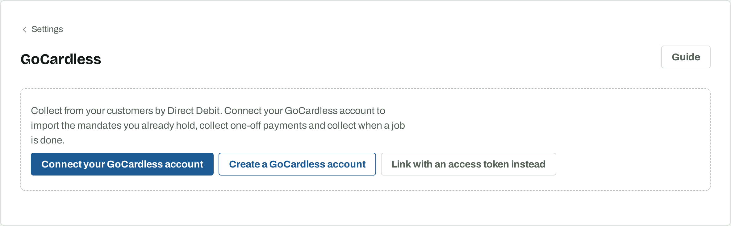 The GoCardless page before an account is connected, offering Connect your GoCardless account and Create a GoCardless account.