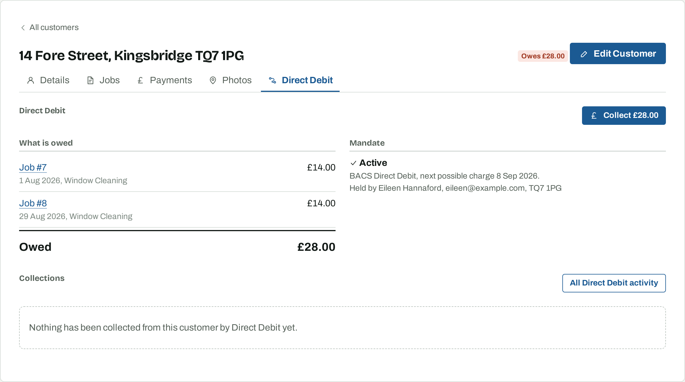 A customer's Direct Debit tab: what is owed listed job by job with a total, the active mandate, and a Collect button.