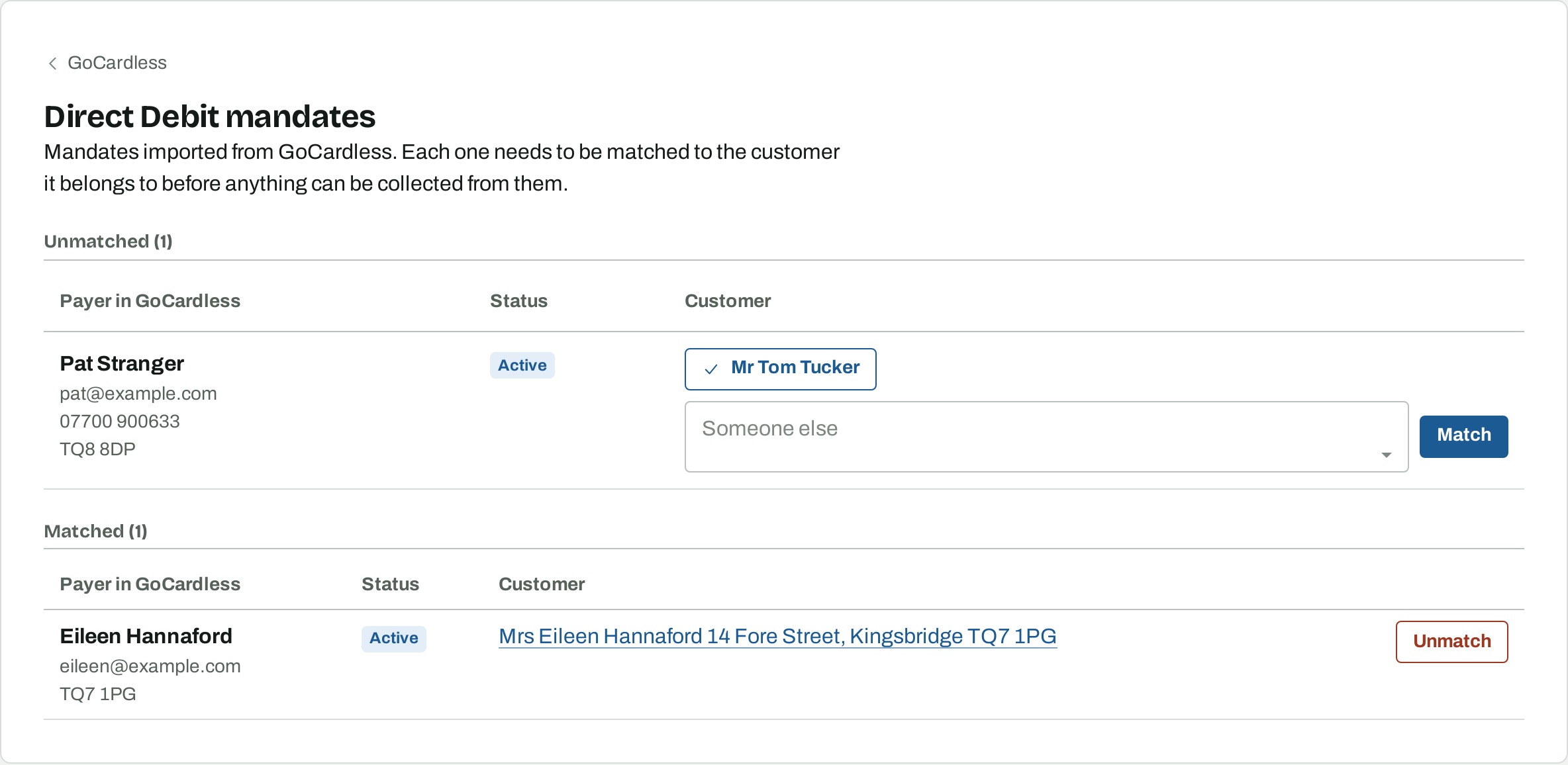 The mandate matching page, with a payer's details on the left and the likely customer offered as a button, plus a search box for anyone else.