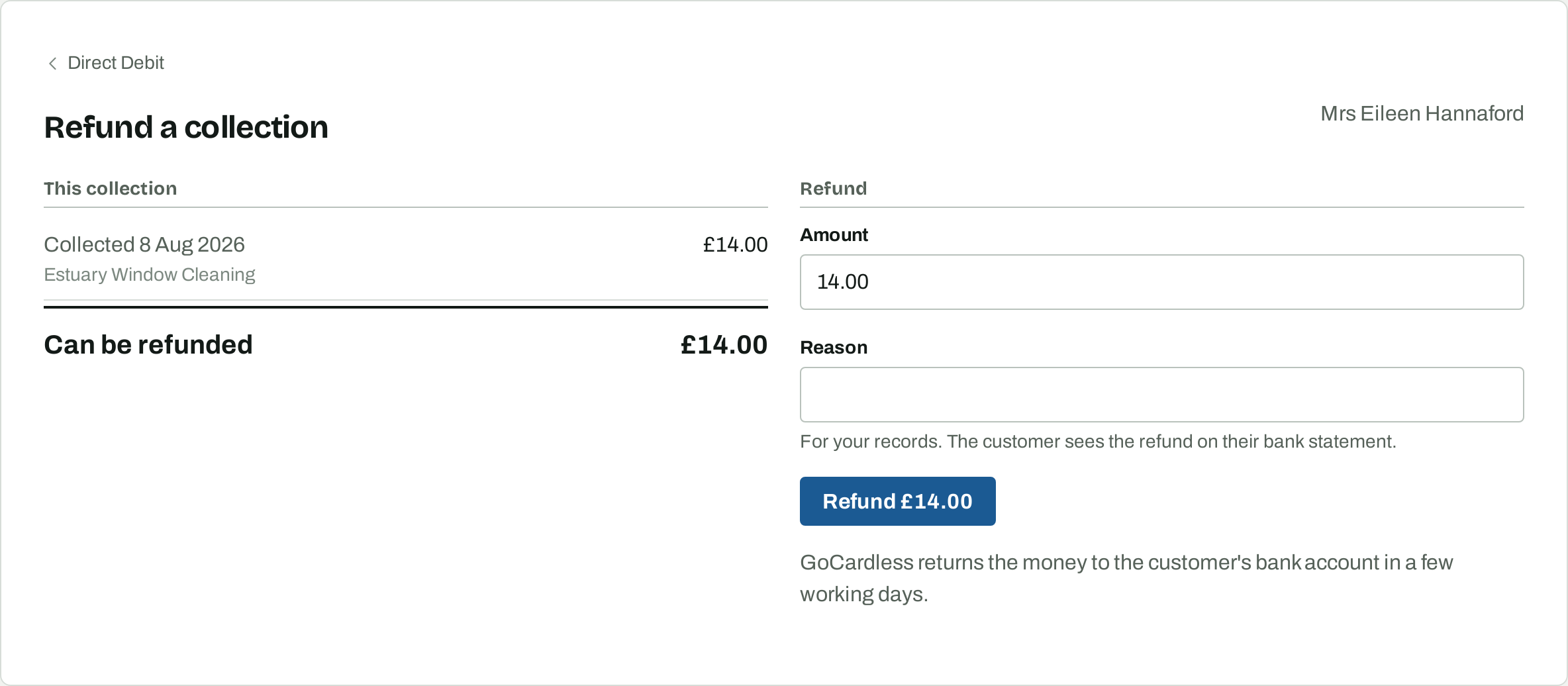 The refund form: what was collected on the left, and the amount and reason on the right.