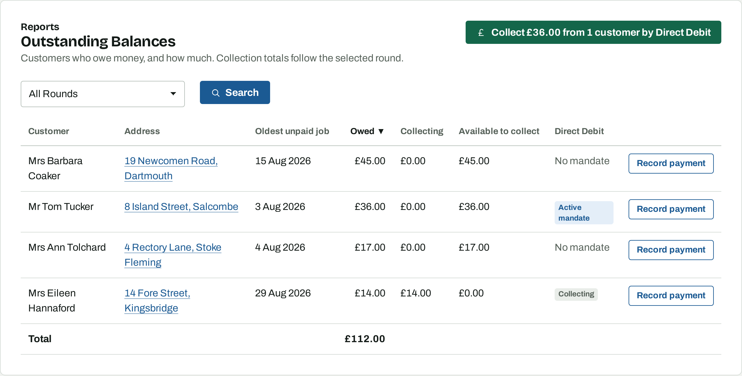 The Outstanding Balances report with a Direct Debit column and a button to collect from every mandated customer at once.