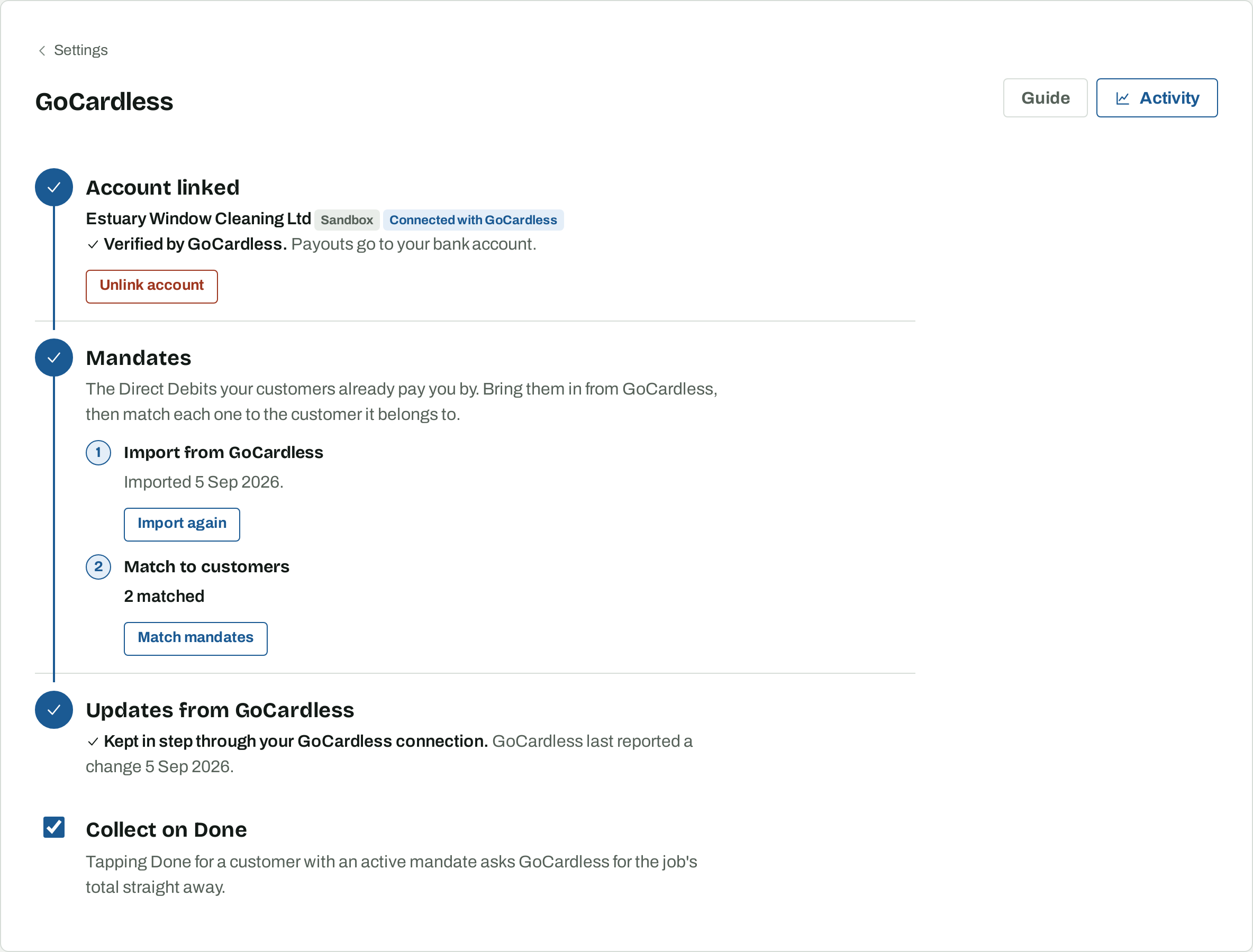 The GoCardless page with all three steps done: Account linked, Mandates imported and matched, Updates from GoCardless.