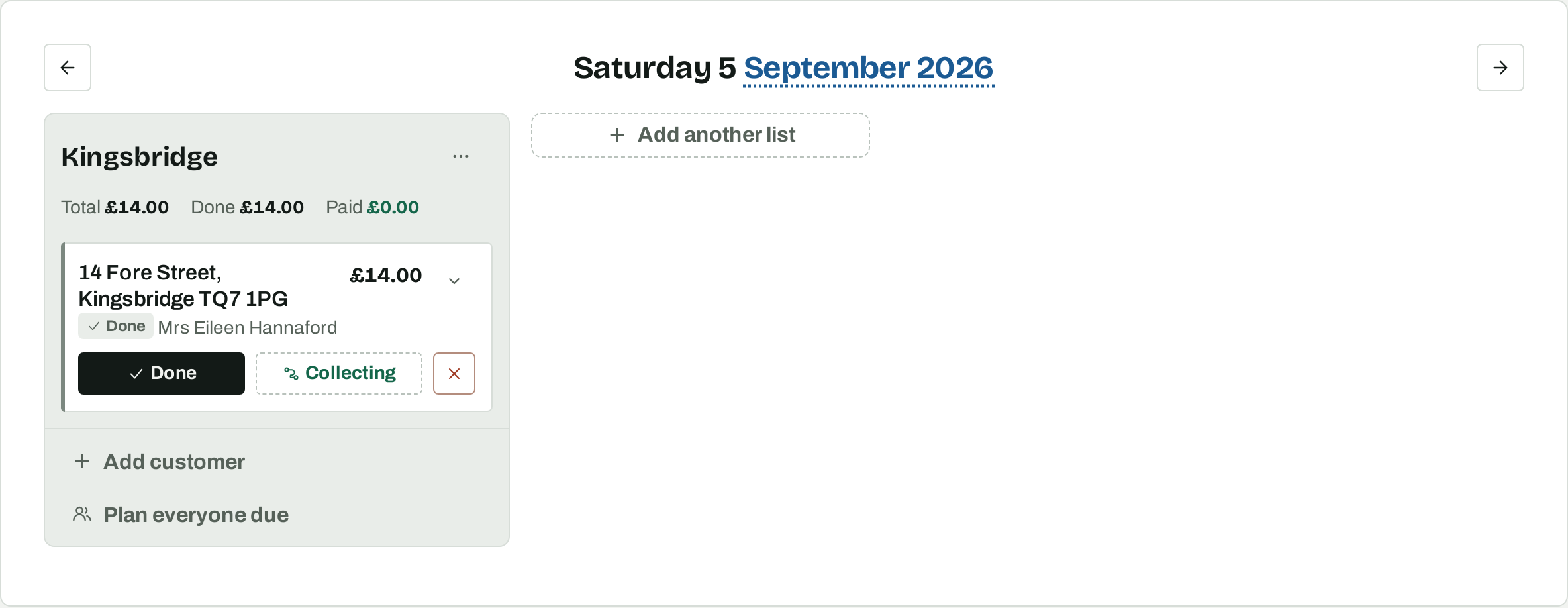 A work list entry marked Done, with Collecting shown in place of the Paid button.
