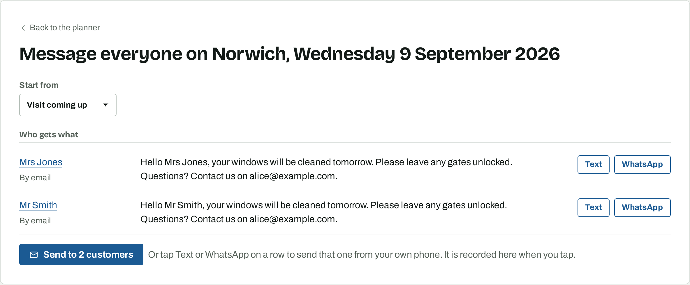 Message everyone on Norwich: the template to start from, then two customers each with how they will be reached and their filled-in message, Text and WhatsApp buttons beside each, and a button to send to 2 customers.