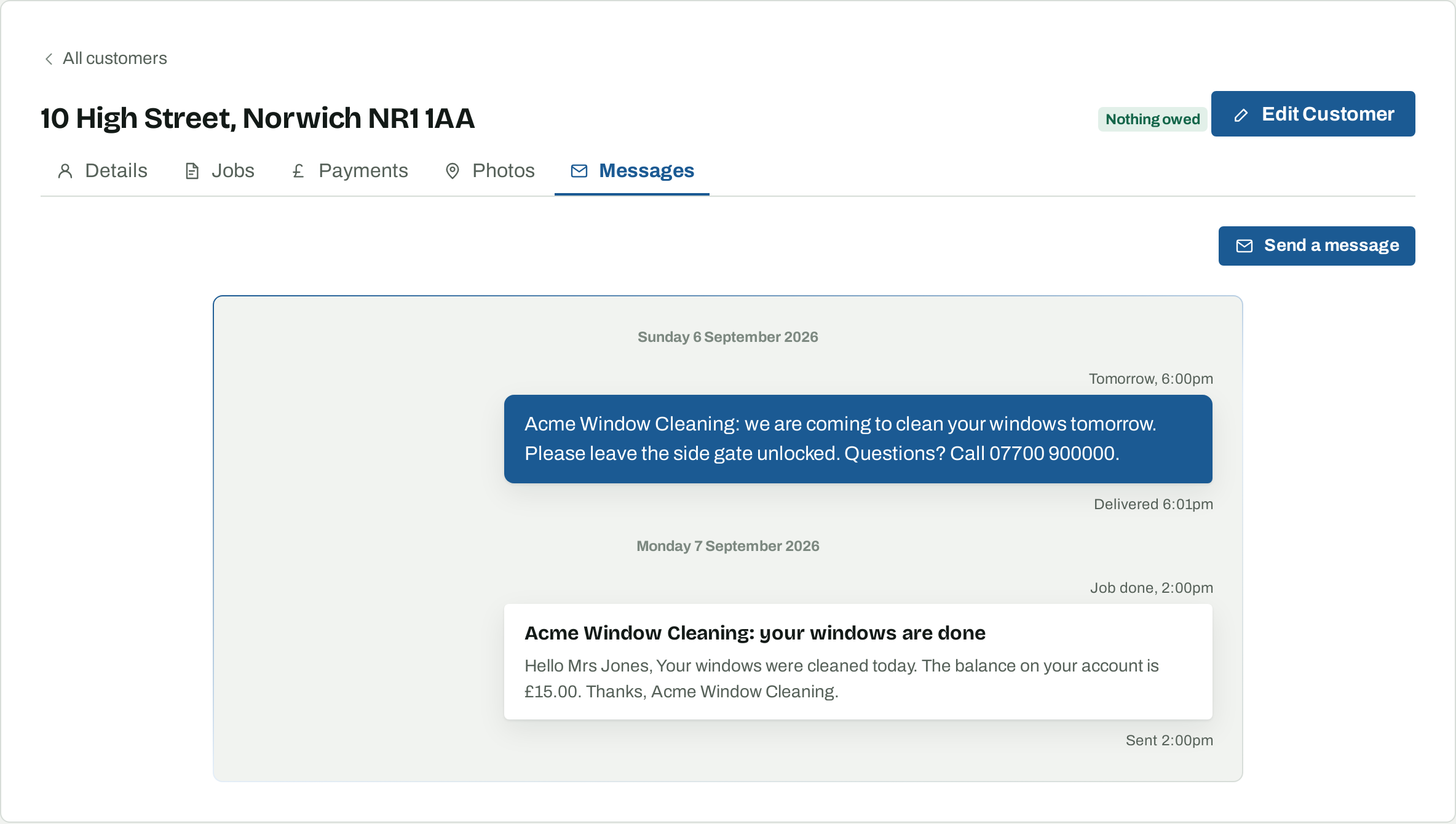 A customer's Messages tab showing a text about tomorrow's visit marked Delivered, and an email sent when the job was done.