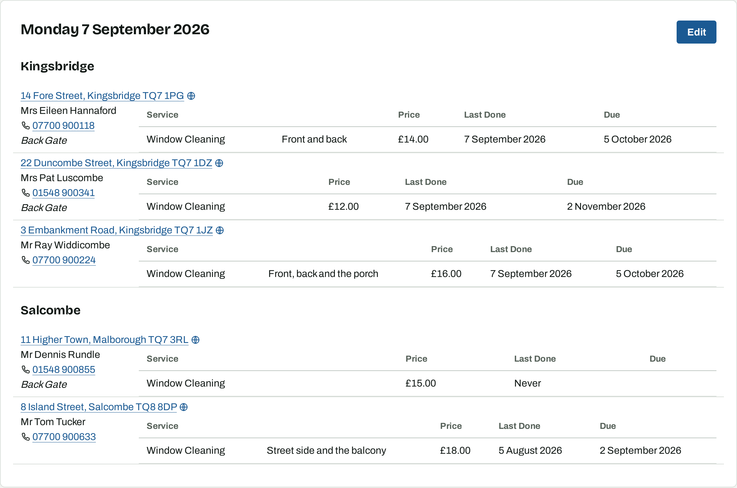 The printable view of a day, with both lists and, for each customer, their phone number, back gate and each service with price, last done and due dates.