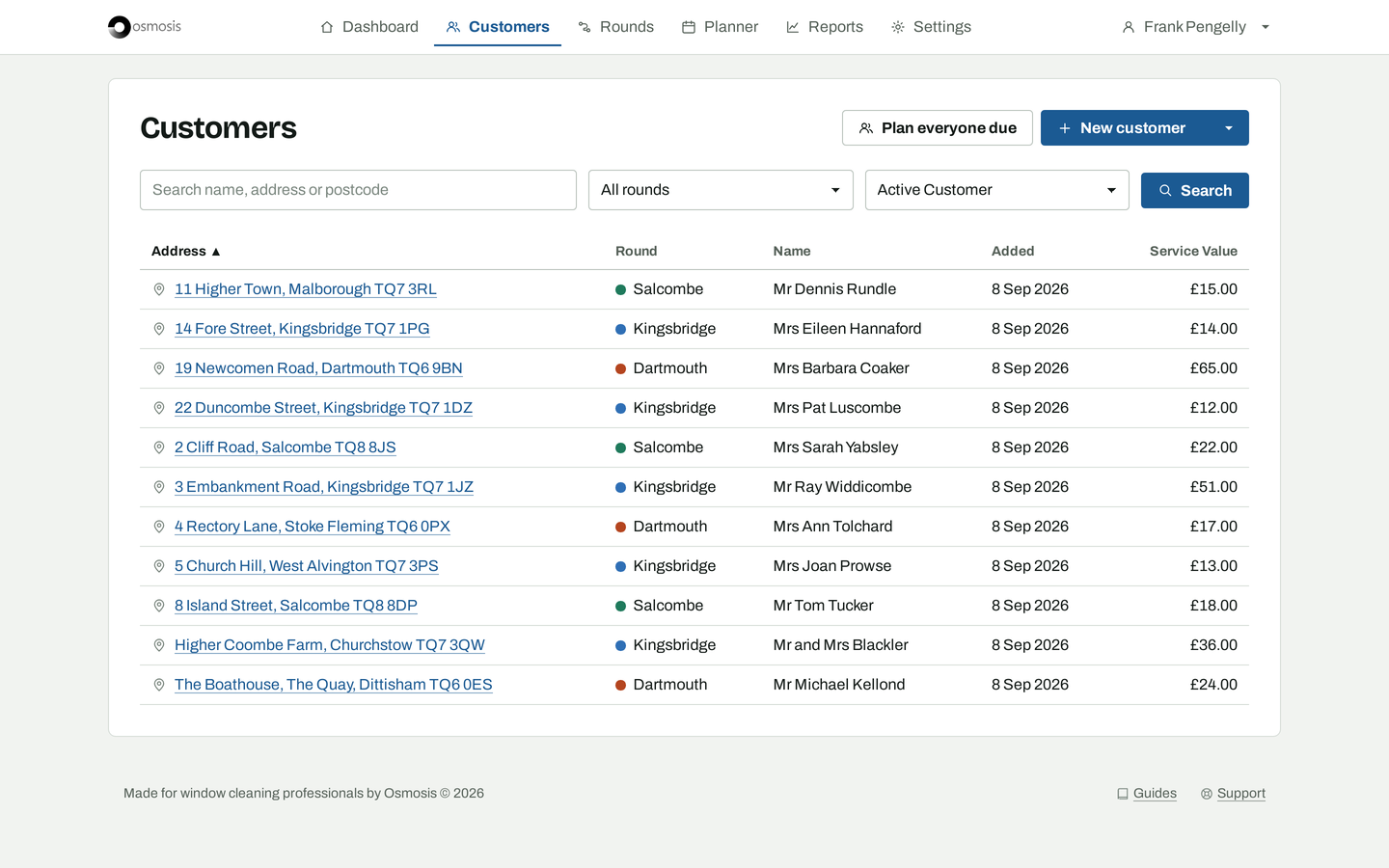 The customer list on a laptop: address, round, name, date added and service value for each customer.