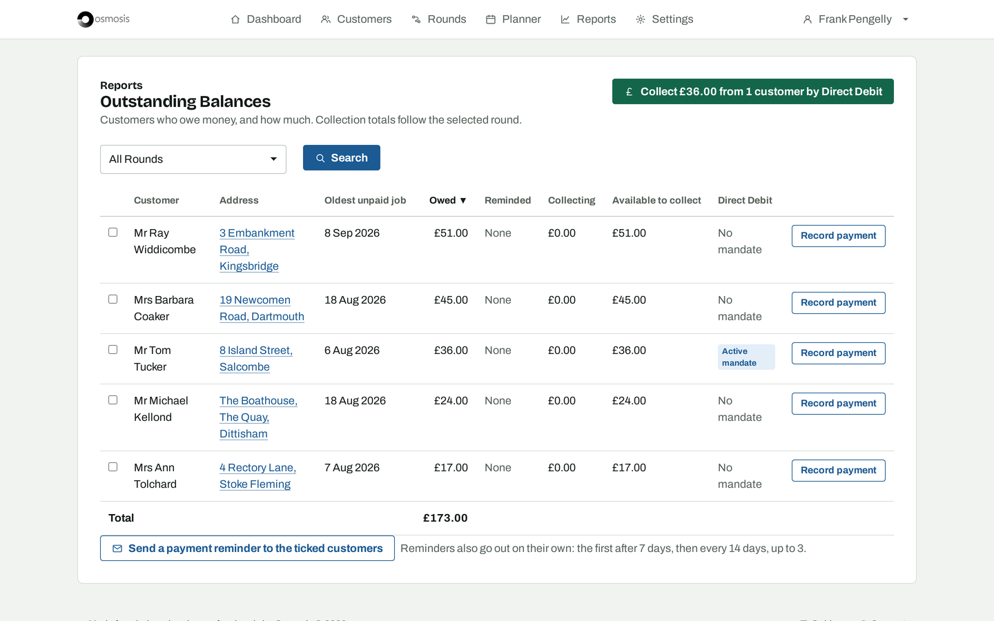 The outstanding balances report on a laptop: five customers, what each owes, the oldest unpaid job, and a total of £173.