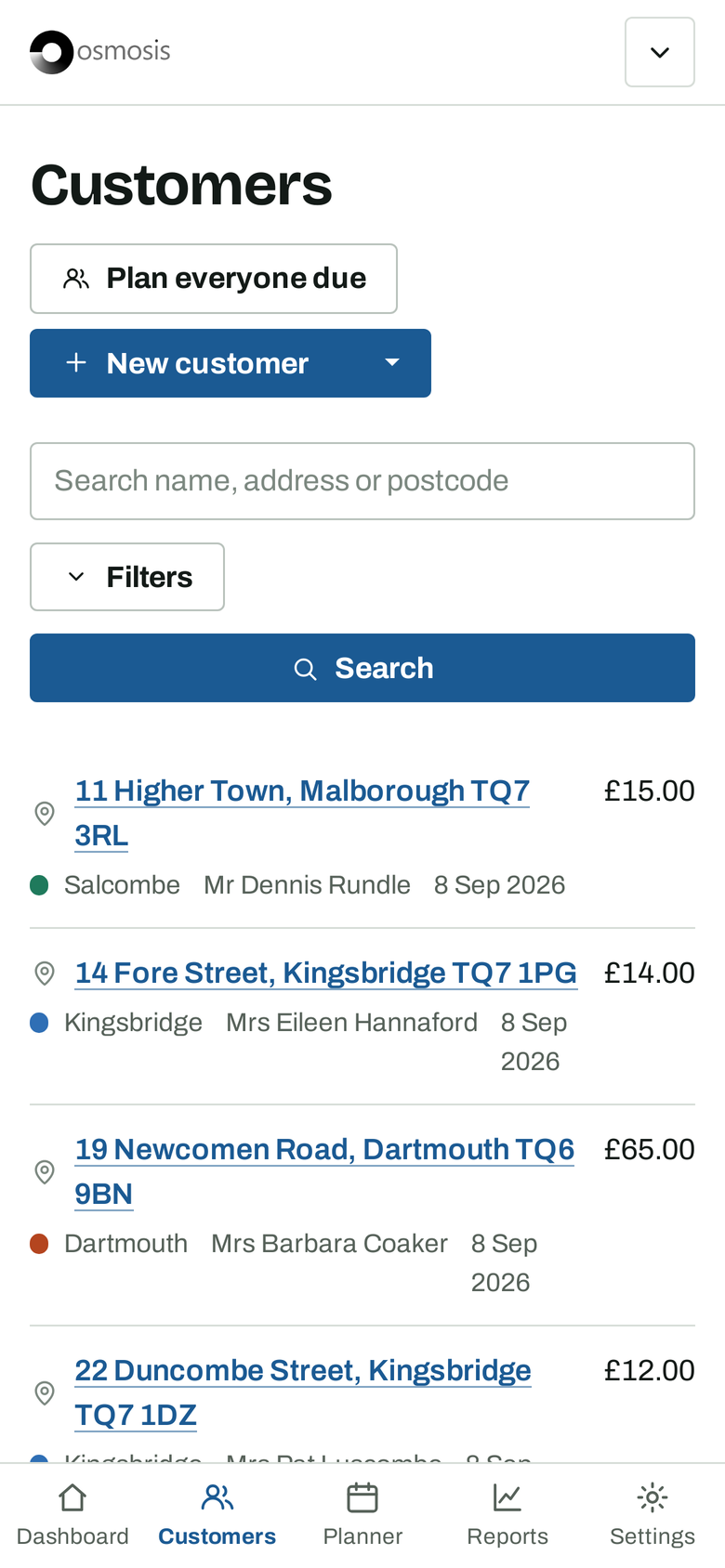 The customer list on a phone, with search, filters and each customer's round and price.