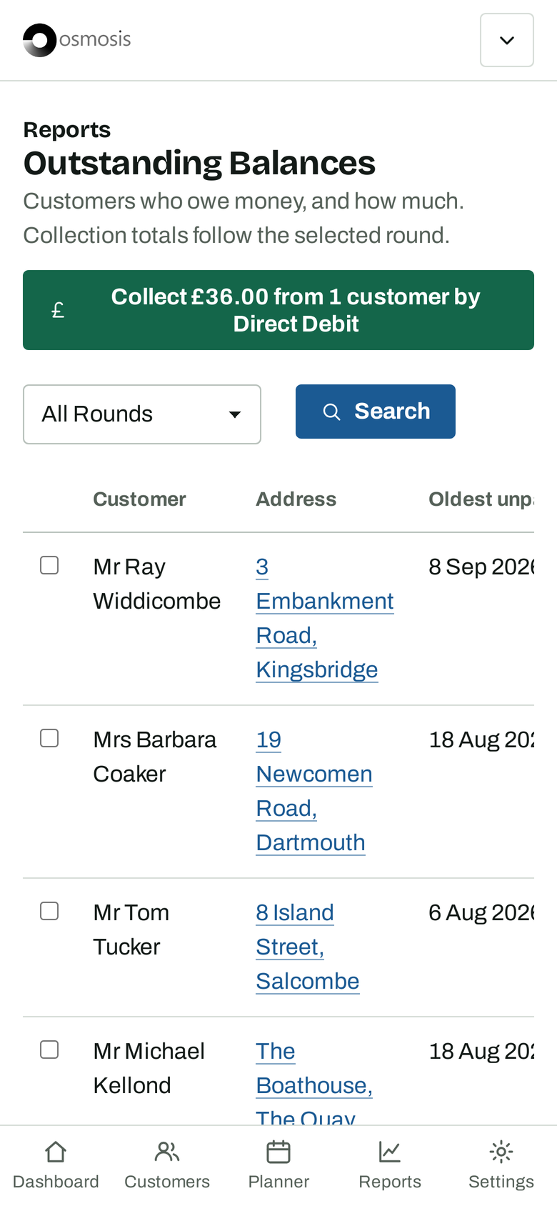 The outstanding balances report on a phone, with a button to collect £36 from one customer by Direct Debit.