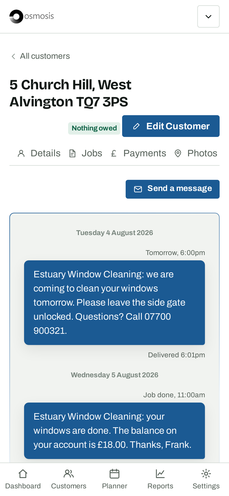 Messages to one customer on a phone: a text the evening before the visit, and one when the job was done.