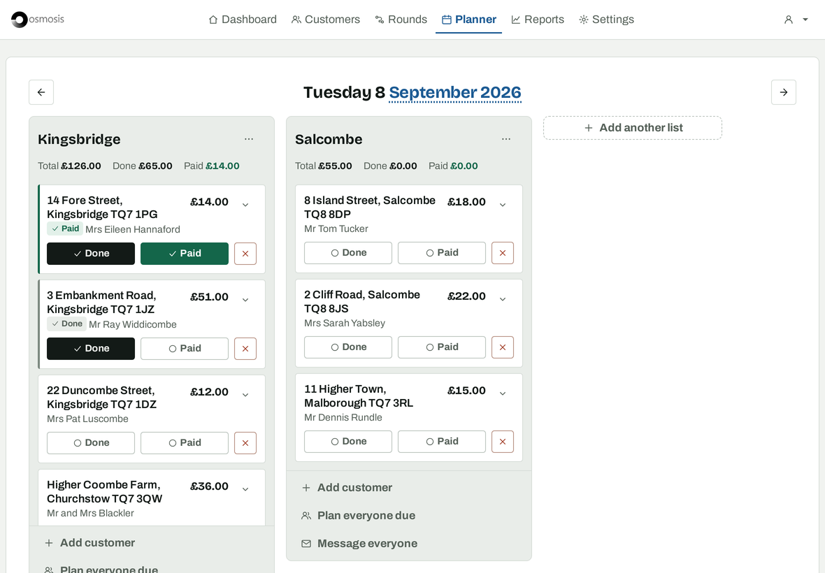 The planner on a tablet held sideways: two lists for the day, each job with Done and Paid buttons.